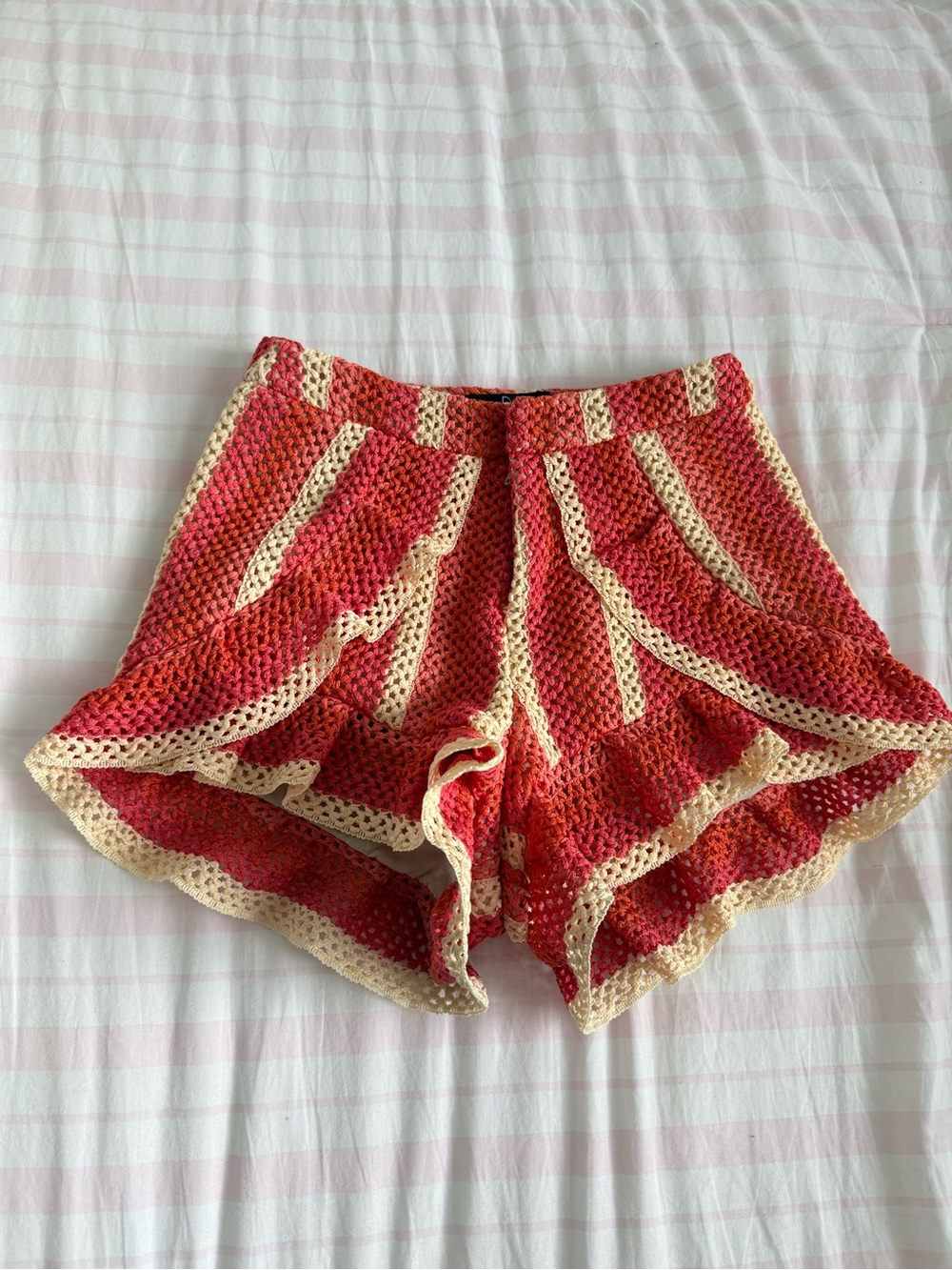 PatBo Crochet Ruffle Shorts - Red and Cream